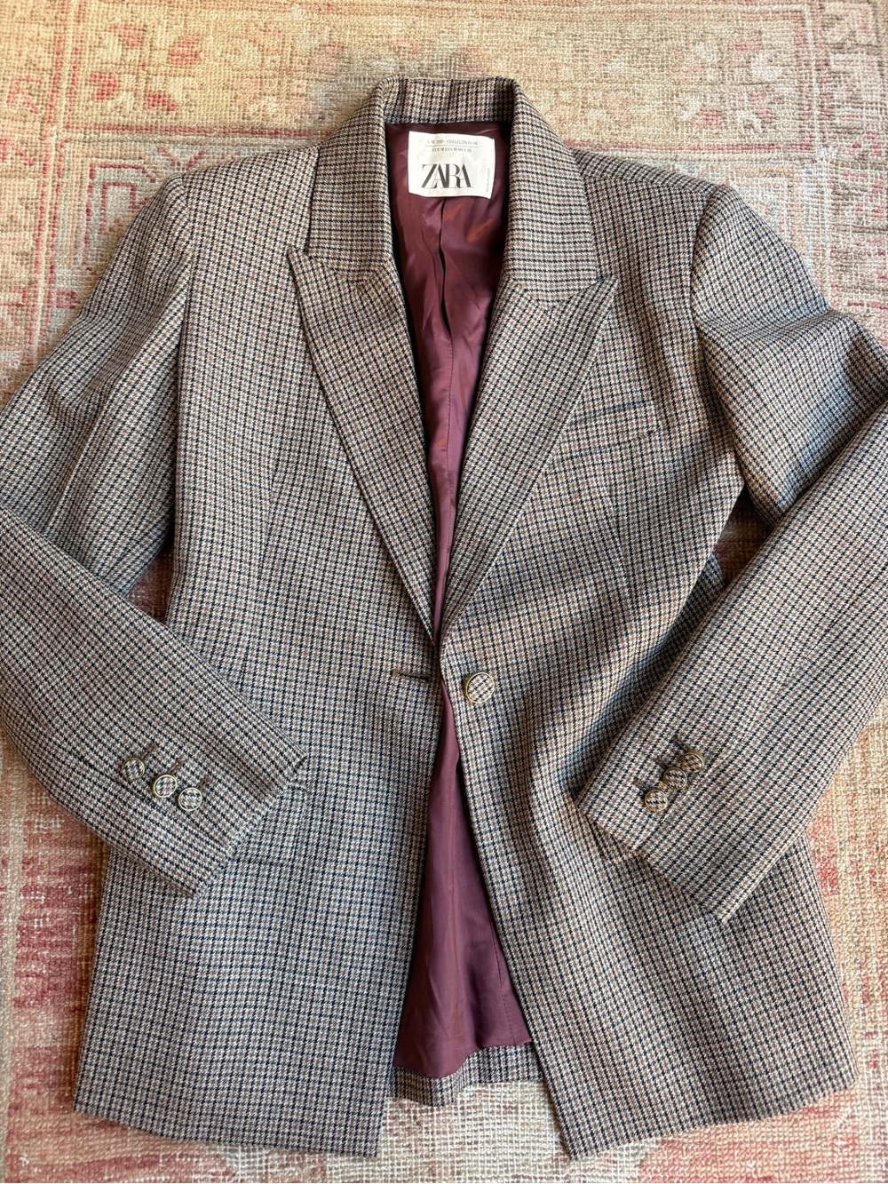 Zara fall Cottagecore Gray/brown Glen Plaid Blazer with Burgundy Lining